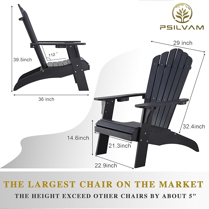Psilvam Adirondack Chair, Oversized Poly Lumber Fire Pit Chair with Cup Holder, 350Lbs Support Patio Chairs for Garden, Weather Resistant Outdoors Seating, Relaxing Gift for Father & Mother (2, Black)