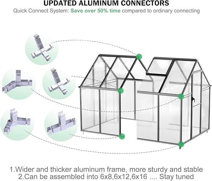 CDCASA 8.2x6.2 FT Greenhouse for Outdoors, Easy Assembly Aluminum Heavy Duty Polycarbonate Greenhouses w/Vent Window, Swing Door, Walk-in Green House for Sunroom Patio, Backyard, Garden,Black