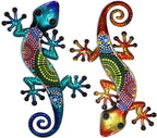 HONGLAND Metal Gecko Wall Art 2 Pack 15 Inch Lizard Outdoor Decor Hanging Glass Sculpture Decoration for Garden Fence Home