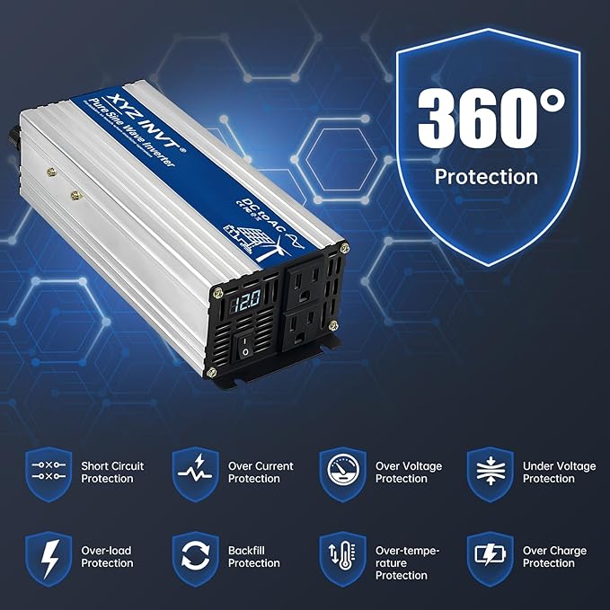 1000W Pure Sine Wave Power Inverter DC 12V to AC 110V/120V, 2000W Peak, Car/Truck Power Converter for Solar, Home, Vehicle & Rechargeable Devices with LED Display