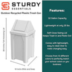 32 Gallon Square 100% Recycled Plastic Heavy Duty Outdoor Commercial Trash Can with Swing Top Lid | Great for Schools and Businesses - White