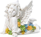 Solar Cherub Angel Outdoor Garden Decor Statues - 7 inches Baby Angel Figurines Outdoor Sculptures with Succulent, Garden Statues for Outside, Patio, Balcony, Lawn Ornaments or Housewarming Gift