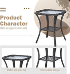 Outdoor Side Table, Brown Rattan Wicker Patio Side Table, Patio End Table, Small Outdoor Side Table with Glass Tabletop and Storage Shelf (Brown)