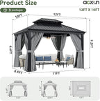 Aoxun 10' X 12' Hardtop Gazebo with Drainage System, Aluminum Outdoor Gazebo with Galvanized Steel Double Roof, Patio Permanent Metal Pavilion with Netting, for Garden, Deck, Easy Assemble