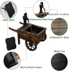 Carbonized Wood Outdoor Freestanding Fountain - Movable Vintage Hand Pump Cart, Solar-Powered Electric Decorative Water Feature for Patio, Garden & Indoor Decoration