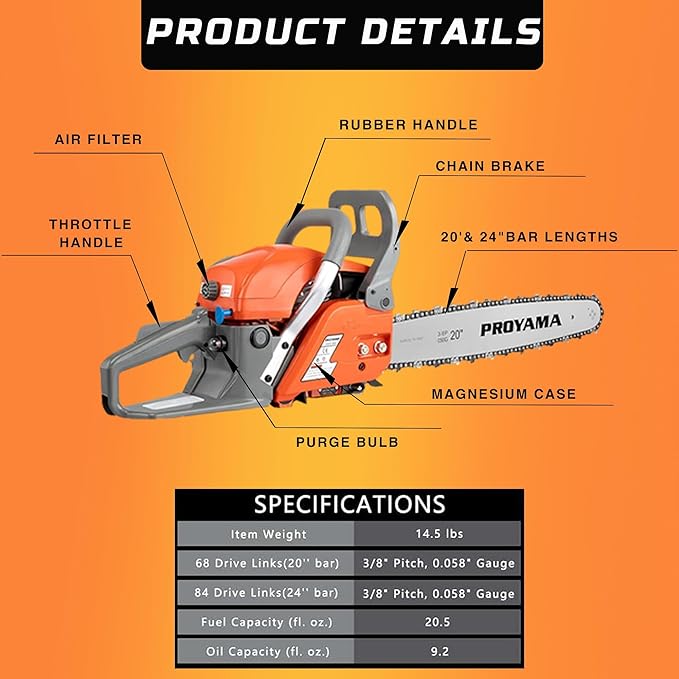 PROYAMA PCS68 Gas Powered Chainsaw, 68CC 2 - Cycle Powerful Chain Saw, 20 Inch 24 Inch Guide Bar, Outdoor Cordless Chainsaw, Gasoline Wood Cutting Machine for Cutting Forest Wood Garden Trimming Tools