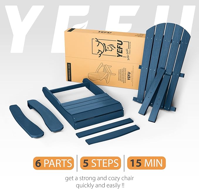 YEFU Adirondack Chairs Set of 4: Outdoor Chair HIPS Plastic Adirondack Chairs - Patio Chairs with Wood Texture - Lawn Fire Pit Deck Porch Garden Chairs for Adults (Navy Blue)