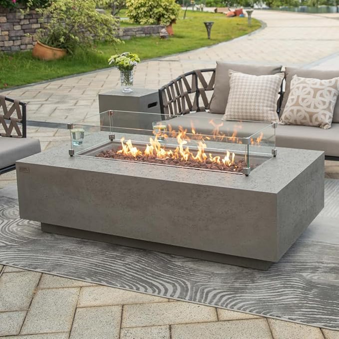 AMS Creations | Madison 60" Bundle Rectangular Propane Gas Outdoor Fire Pit Table | Light Gray Concrete GFRC | Limestone Texture or Surface | Electronic Ignition | Outside Backyard Fireplace