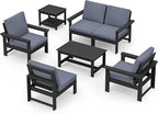 SERWALL HDPE Patio Furniture Set, 7-Piece Outdoor Sectional Sofa Set, All Weather Outdoor Couch Set for Deck, Lawn, Black Frame with Grey Cushion