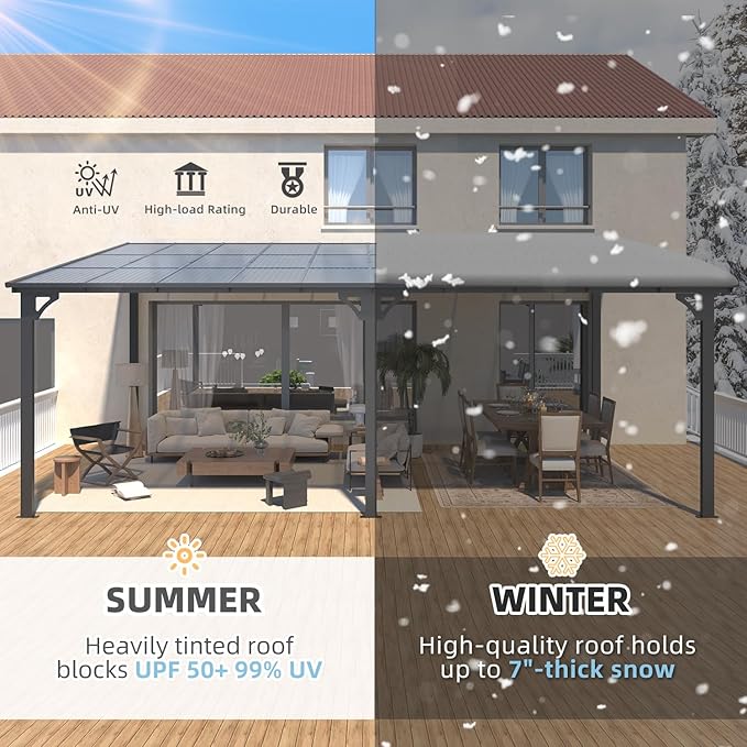 AECOJOY 32' x 12' Gazebo for Patio, Large Wall-Mounted Hard Top Lean-to Gazebo Pergola with Roof 12' x 32' on Clearance, Heavy Duty Patio Awnings for Decks, Backyard