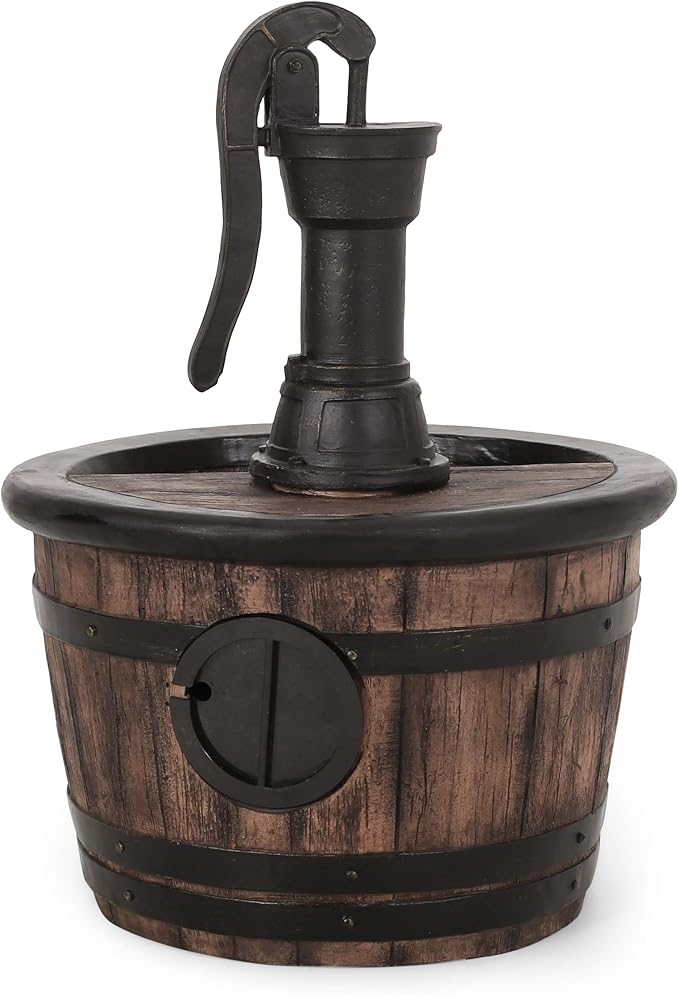 Merax 26.5" High Handcrafted Floor Fountain – Weather-Resistant Outdoor Water Feature with LED Lights, Barrel Design for Garden Patio Yard