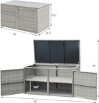 Tangkula Outdoor Wicker Storage Box, Garden Deck Bin with Steel Frame, Rattan Storage Box with Lid, Ideal for Storing Tools, Accessories, 88 Gallon Capacity (Grey)
