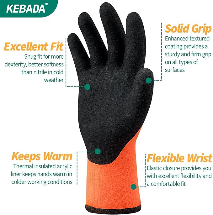 Kebada T3 Winter Work Gloves for Men and Women, Warm Knit Cold Weather Work Gloves, Thermal Insulated Freezer Gloves, 100% Latex Coating Non-slip Grip, Long Wrist Design, 3 Pairs, Orange, Medium