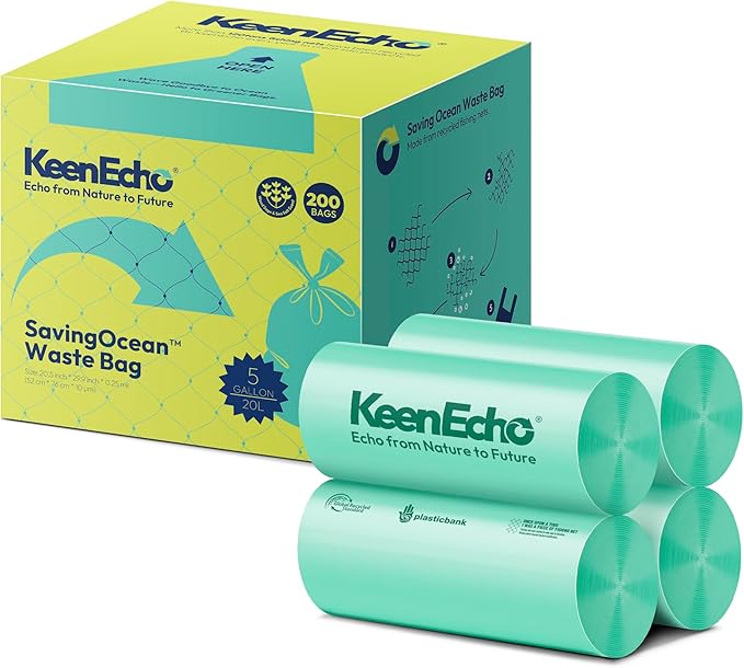 5 Gallon 200 Counts Small Green Trash Bags with Handle, Ocean Fishing Nets Upcycling, Sage & Sea Salt Scented, Plastic Garbage Bags, Waste Bag for Kitchen, Bathroom, Office and Pets