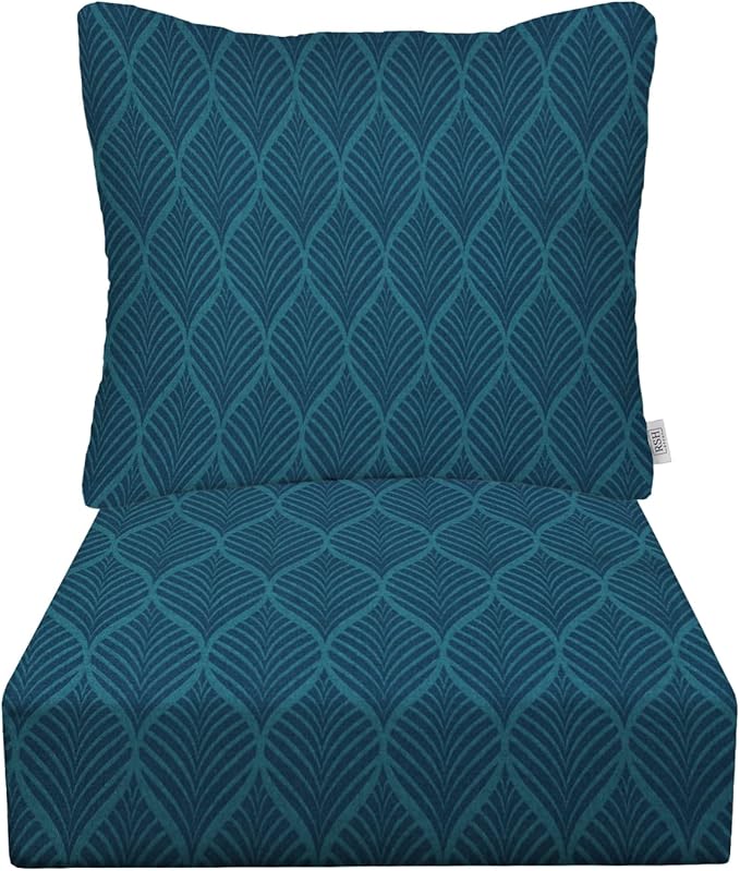 RSH DECOR: Deep Seating Cushion with Pillow Back | 24” x 27” Seat | All-Weather Spun Fabric | Water and Fade-Resistant | Outdoor Chair Cushion Set for Patio Furniture | Fenbrook Blue
