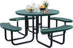 8-Person Picnic Tables for Outdoors, Industrial 46" Expanded Metal Round Picnic Table with 4 Benches & Umbrella Hole, Outside Table and Bench Set for Park, Garden, Backyard, Patio, Green