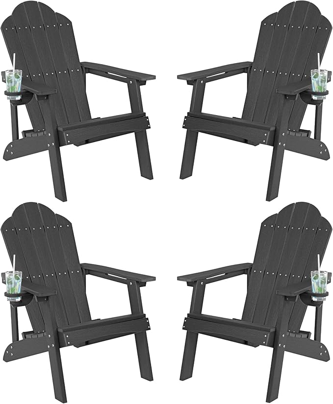 LUE BONA HDPE Adirondack Chairs Set of 4,Plastic Adirondack Chairs with Cup Holder Weather Resistant for Outdoor, Patio, Lawn, Garden, Backyard Deck, Fire Pit, Black