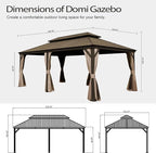 Domi 12x20FT Outdoor Gazebo, Hardtop Gazebo with Galvanized Steel Double Roof, Metal Gazebos with Drainage System Patio Pergola for Patio Deck Backyard,Curtain and Netting,Brown