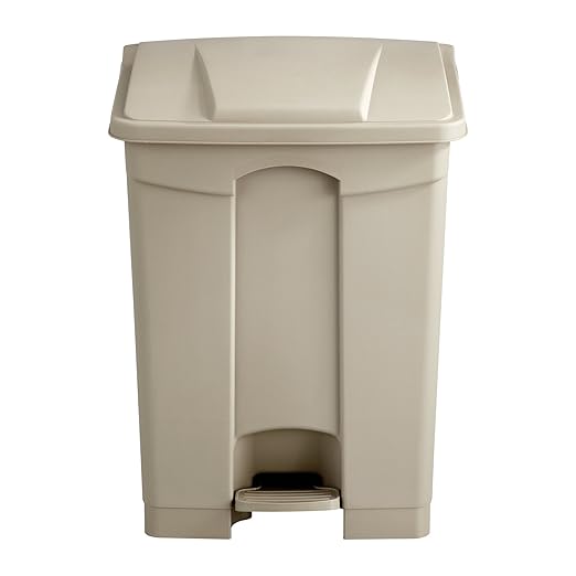 Safco Step On Plastic Trash Can with Foot Pedal, 17 Gallon Garbage Can for Kitchen, Indoor or Outdoor Use, Hands Free, Tan