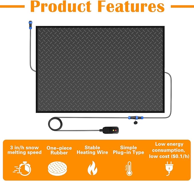 Snow Melting Mats Outdoor for Entrances, 30 x 48 in 2 Pack No-Slip Rubber Heated Outdoor Mats with 10 ft Power Cord, 3 in/h Speed Snow and Ice Melting Pads for Winter Roofs, Backyards Snow Removal