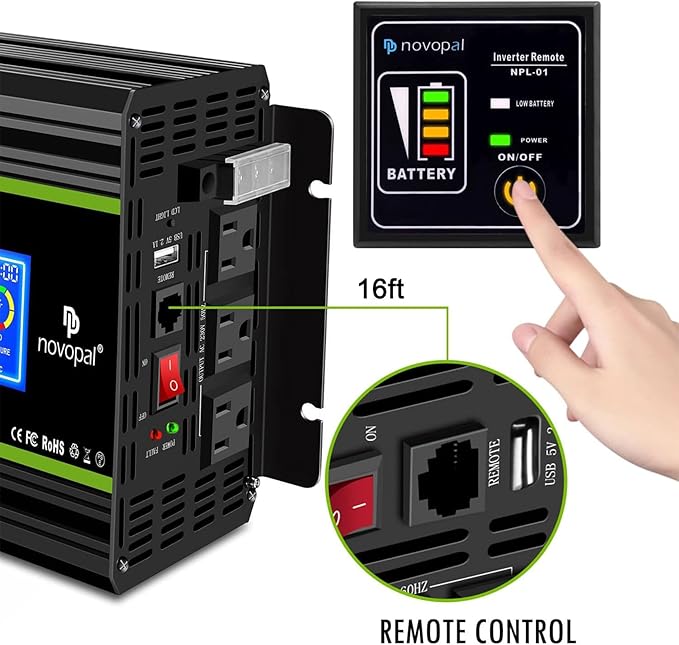 NOVOPAL 3000 Watt Pure Sine Wave Power Inverter DC 12V to AC 110V 120V Rv Inverters with 3 AC Outlets,High Power Terminal-16 ft Remote Control, LCD Display for Truck, Hurricane, Home