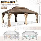 EROMMY 12'x22' Hardtop Gazebo, Galvanized Steel Double Roof Canopy with Aluminum Frame Permanent Metal Pavilion with Netting and Curtains for Patio Backyard Deck and Lawns