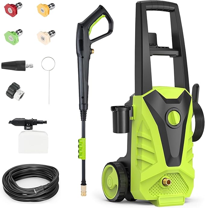 Pressure Washer, 2100PSI Max 2.0GPM Power Washer 16.5FT Power Cord, 23FT Hose&360 Rotation, 4 Nozzles for Driveways Furniture or Cars, Green