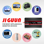 JIGUUN 1500 Watt Pure Sine Wave Inverter DC 12V to AC 120V Converter, Remote Control Power Car Inverter with LED 4 AC Outlets USB Output for Outdoor Camping RV.