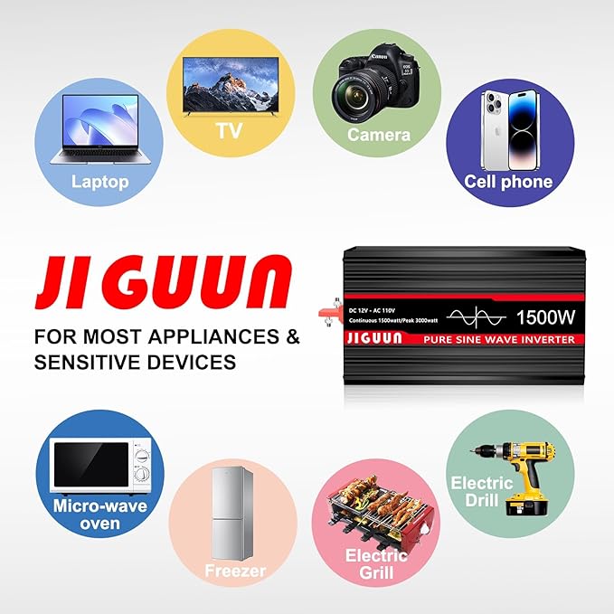 JIGUUN 3000W PeakPure Sine Wave Power Inverter 1500 Watt,12v DC to 110/120v AC Inverter 3 AC & USB Output,Power Converter LED Display for Home RV Camping Outdoor Car Truck