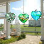 Set of 3 Green Blown Glass Heart Ornaments 4 Inch Hanging Decor for Outdoor Unique Home Garden Patio Decoration for Mom Wife