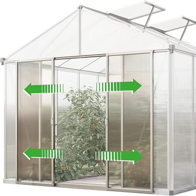 Greenhouse Rubin 3 Aluminum Frame 8.6 x 6.4 ft with Approx. 10 mm Polycarbonate Panels - with 2 Extra Skylights and 4 Automatic Window Openers