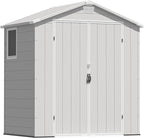 Greesum 6x4FT Plastic Outdoor Storage Shed with Floor, Resin Sheds with Lockable Double Door, Window & Vents, All-Weather Tool Sheds for Garden, Backyard, Patio, Light Gray