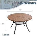 DIFY 47.2" Round Outdoor Patio Dining Table for 6, All-Weather Metal Steel Slatted Patio Table with 1.57" Adjustable Umbrella Hole, for Lawn Garden Porch Backyard, Walnut