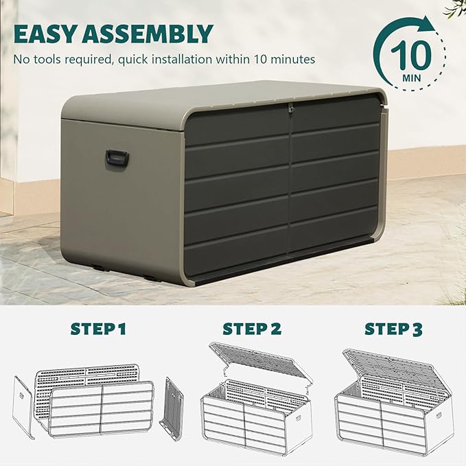 CHUNLY 200 Gallon Resin Deck Box, Large Patio Storage Box with Lock, Wheels & Waterproof Lid for Outdoor Cushions, Garden and Pool Supplies (Gray)