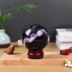JIC Gem Colorful Fluorite Crystal Ball with Wooden Stand Healing Crystal Sphere Ball for Feng Shui Decor Spiritual Gifts 70-80mm