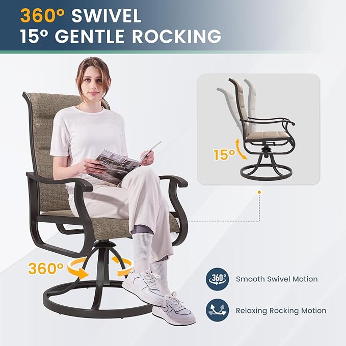 Amopatio Padded Patio Swivel Chairs Set of 8, Outdoor Dining Chairs with Ultra Soft Textilene High Back Seat & Metal Rocker Frame, for Backyard Deck Lawn Garden, Brown