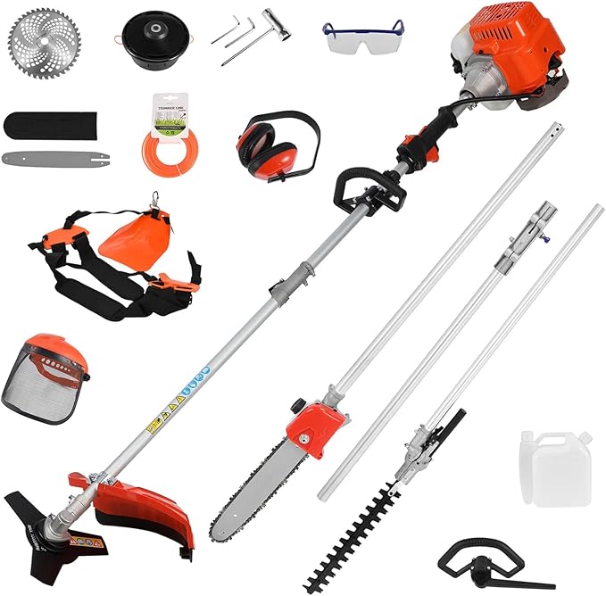 Weed Eater Gas Powered, 52CC Brush Cutter, 2-Stroke Handheld Cordless Chainsaw Hedge Pruner for Home, Yard, Garden Orange