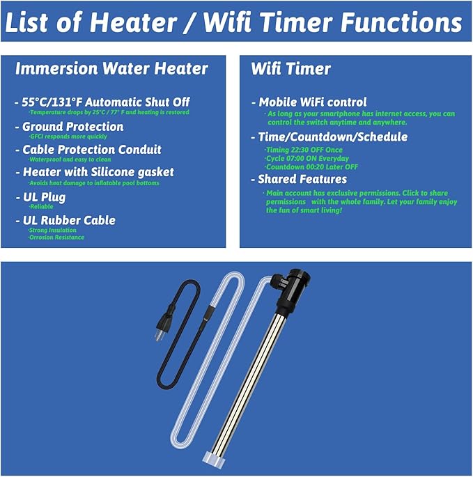 1800W Submersible Water Heater Portable Electric Pool and Hot Tub Immersion Water Heater with Temp Control, WiFi Timer for Bathtub, Spa, Swimming pool, above ground pool and baptismal pool