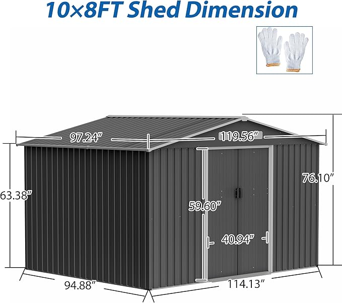 10X8 FT Outdoor Storage Shed with Galvanized Steel Construction & Lockable Doors,All Weather Garden Tool House Sheds W/Sliding Doors and Padlock,for Patio,Backyard,Lawn,Gray