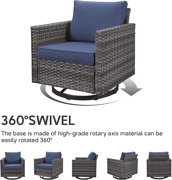 5 Piece Wicker Patio Furniture Set - Outdoor Swivel Rocker Chairs Set with 3 Seat Sofa and Ottomans, Small Patio Conversation Sets Proch Furniture for Balcony Deck - Grey/Blue