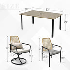 7-Piece Patio Dining Set, 63" Rectangular Table with 4 Stackable and 2 Swivel Rattan Chairs, Gray Cushions