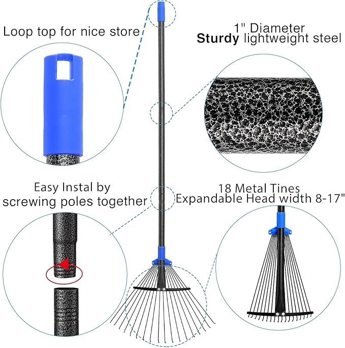 Metal Rake for Leaves Heavy Duty, Adjustable Garden Leaf Rake with Expandable Head 8-17", Shrub Pine Needle Kids Hand Yard Rake Garden Tool