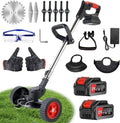 21V Electric Weed Wacker with Wheel, Cordless Weed Eater with 2 x Batteries & 1 Charger, 3 in 1 Grass String Trimmer/Brush Cutter/Edger, Stringless Lightweight Weed Trimmer for Garden, Yard and Lawn