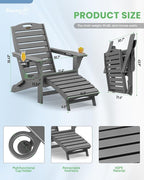 Folding Adirondack Chairs Set of 2,Adirondack Chair with Retractable Ottoman,Plastic Adirondack Chairs with 2 Cup Holder,Weather Resistant Patio Chair,Outdoor Chairs Set of 2(Grey)