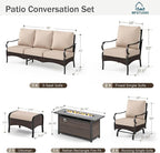 MFSTUDIO 8 PCS Outdoor Patio Furniture Set, Metal Outdoor Conversation Set, Rattan Wicker Patio Sectional, 2 x Fixed and Rocking Sofa, 3-Seat Sofa, 2 x Ottoman, 1 x Fire Pit Table, Beige