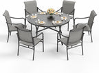 HERA'S HOUSE Patio Table and Chairs, 7 Pieces Outdoor Dining Set, 1 x Round Metal Table with 1.57”-1.9” Umbrella Hole, 6 x Grey Armrest Chairs for Deck Porch Backyard