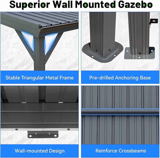10x14FT Lean to Gazebo, Outdoor Hardtop Wall Mount Gazebo with Gutter & Sloping Galvanized Steel Roof, Metal Hard Top Awnings for Deck, Porch, Backyard