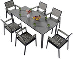 7-Piece Patio Dining Set with 11 FT Curvy Cantilever Umbrella, HDPE Tabletop & Aluminum Frame All-Weather Outdoor Furniture for Garden, Backyard, Poolside, Gray