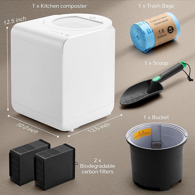 Airthereal Revive R500-V Electric Kitchen Composter with Visual Cover, Upgraded SHARKSDEN® Tri-Blade, Turn Food Waste and Scraps into Dry Natural Fertilizer for Plants, Pearl White