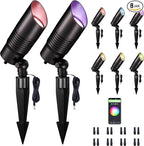 Smart Outdoor Landscape Spotlights Color Change - 12V Multicolored LED Spot Lights Hard-Wired Waterproof, Low Voltage Uplighting Using App, Aluminum Black for Backyard Fence 8 Pack